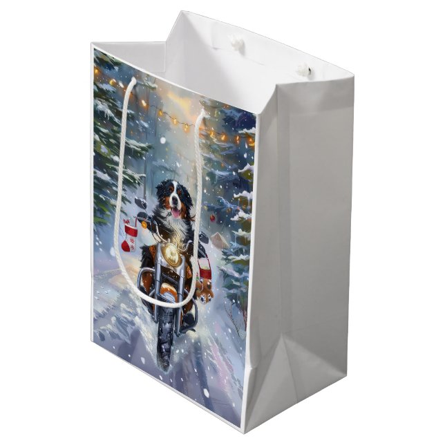 Bernese Mountain Dog Riding Motorcycle Christmas Medium Gift Bag (Front Angled)