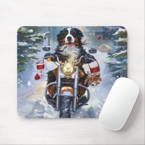 Bernese Mountain Dog Riding Motorcycle Christmas Mouse Pad