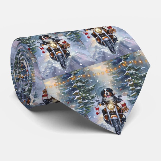 Bernese Mountain Dog Riding Motorcycle Christmas Neck Tie (Rolled)