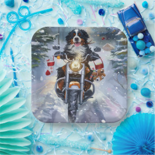 Bernese Mountain Dog Riding Motorcycle Christmas Paper Plates