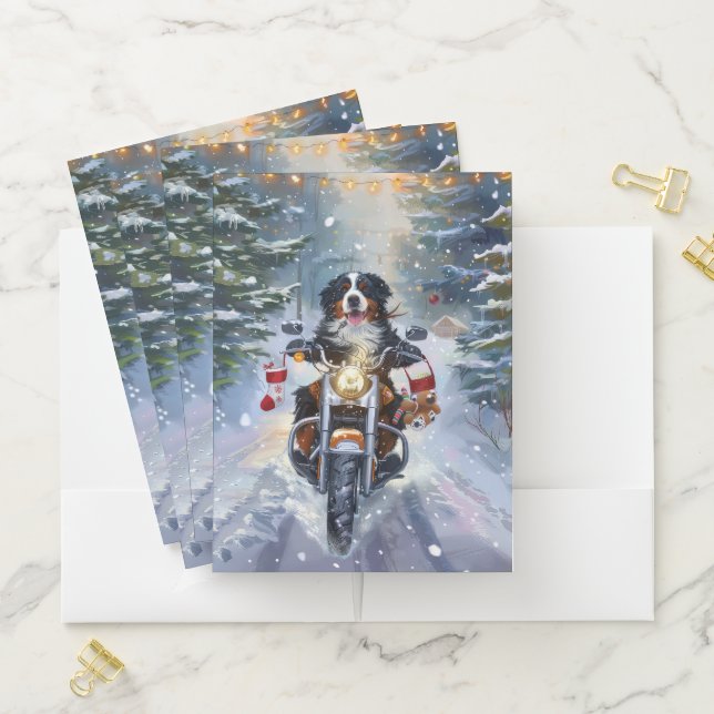 Bernese Mountain Dog Riding Motorcycle Christmas Pocket Folder (In Situ)