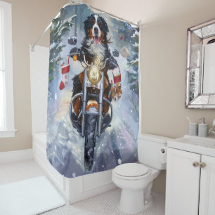 Bernese Mountain Dog Riding Motorcycle Christmas Shower Curtain