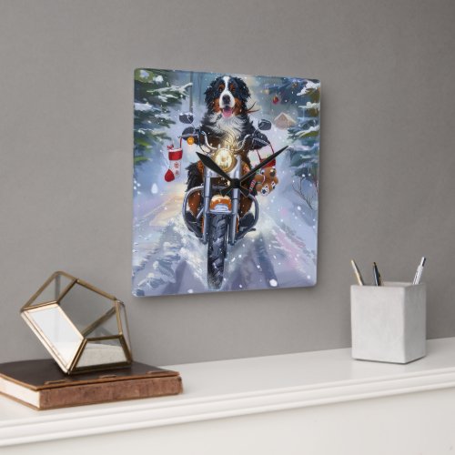 Bernese Mountain Dog Riding Motorcycle Christmas Square Wall Clock