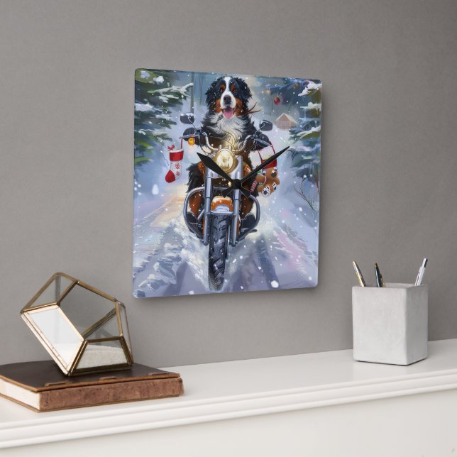 Bernese Mountain Dog Riding Motorcycle Christmas Square Wall Clock (Office)