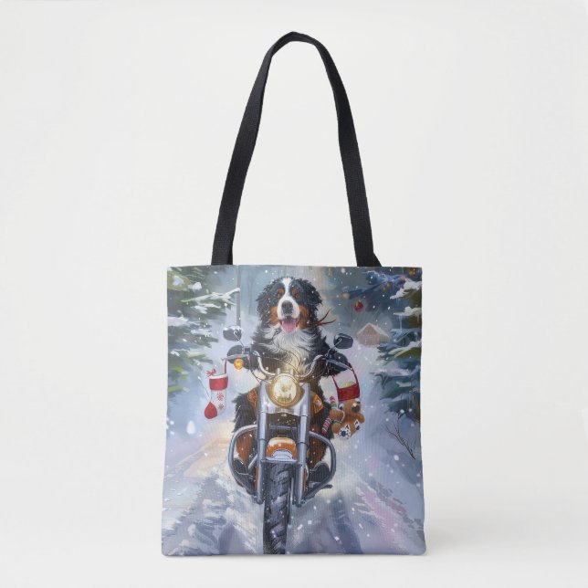 Bernese Mountain Dog Riding Motorcycle Christmas Tote Bag (Front)