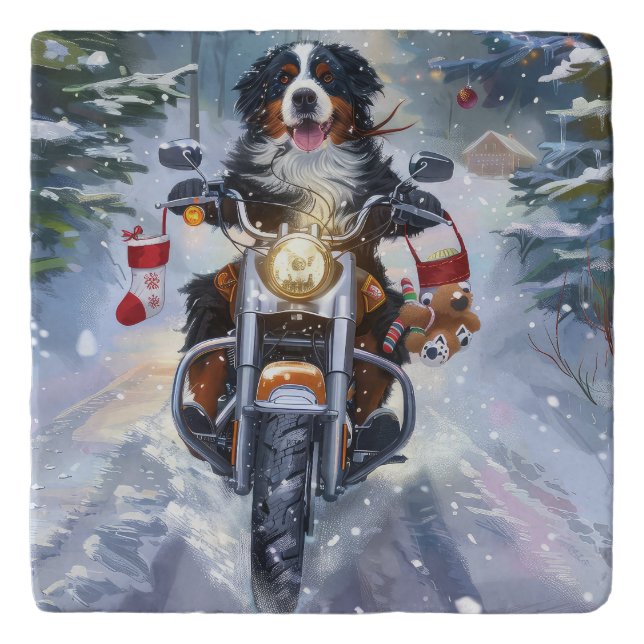 Bernese Mountain Dog Riding Motorcycle Christmas Trivet (Front)