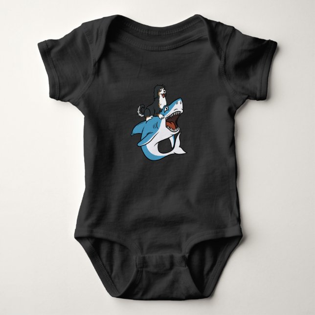 Bernese Mountain Dog Riding Shark Baby Bodysuit (Front)