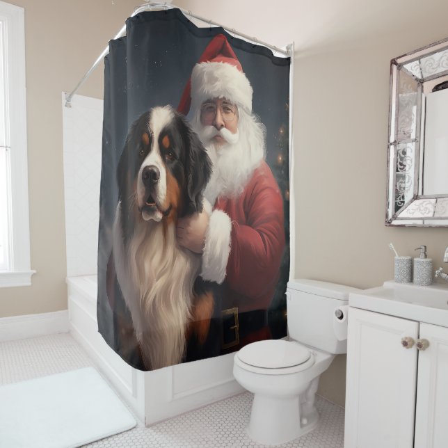 Bernese Mountain Dog Santa Claus Festive Christmas Shower Curtain (In Situ)