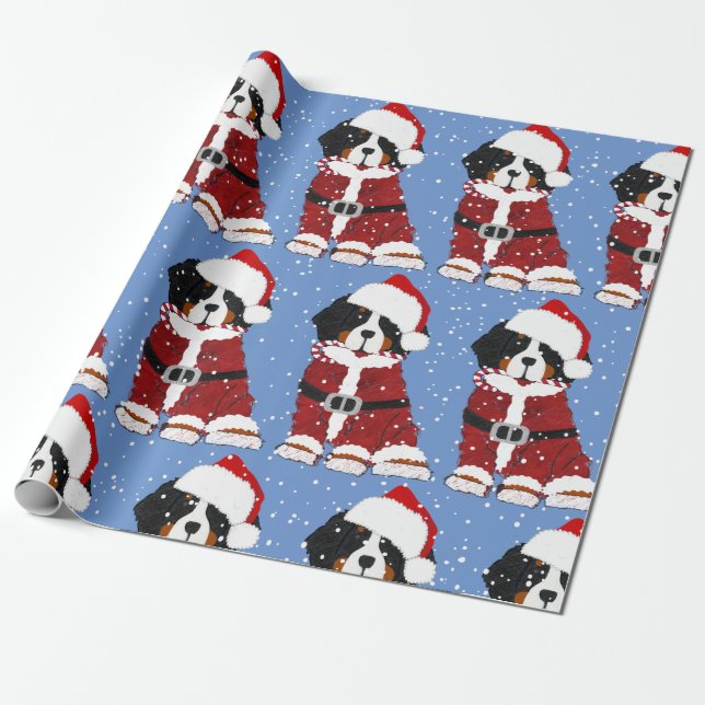 Bernese Mountain Dog Santa Paws Blue Wrapping Paper (Unrolled)