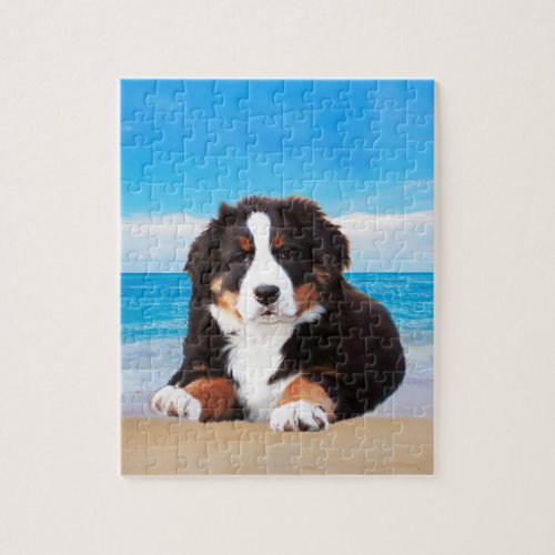 Bernese Mountain Dog Sitting on Beach Jigsaw Puzzle