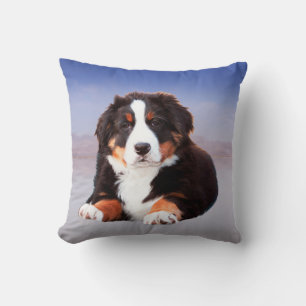 Bernese Mountain Dog Sitting on Beach Throw Pillow