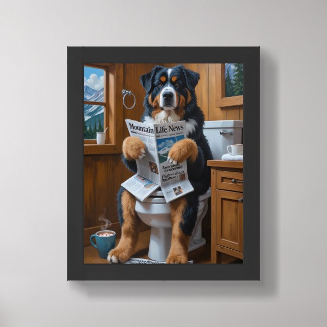 Bernese Mountain Dog Sitting On Toilet Funny Framed Art (Framed Front)
