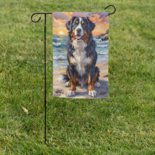 Bernese Mountain Dog Sunset Beach Art Garden Flag
