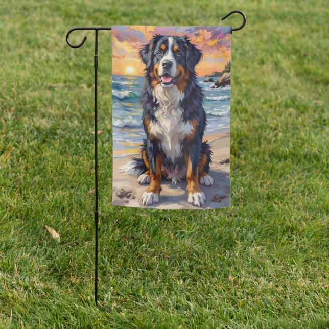 Bernese Mountain Dog Sunset Beach Art Garden Flag (In SItu)