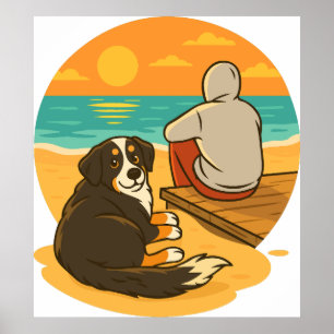 Bernese Mountain Dog Sunset Beach Companion Poster
