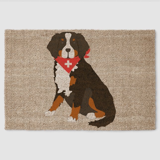 Bernese Mountain Dog Swiss Cross Tan Burlap Fiber Doormat (Front)