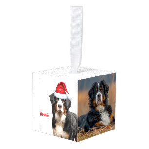 Bernese Mountain Dog Two Photo Christmas Holiday Cube Ornament