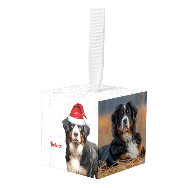 Bernese Mountain Dog Two Photo Christmas Holiday Cube Ornament (Front Angled)