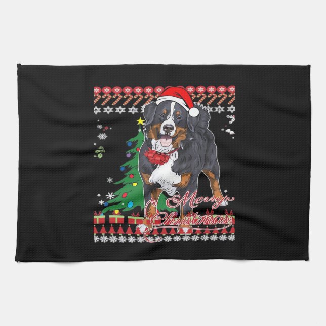 Bernese Mountain Dog Ugly Christmas Sweater Shirt  Kitchen Towel (Horizontal)