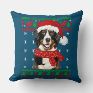 Bernese Mountain Dog Ugly Sweater Christmas Puppy Throw Pillow