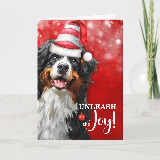 Bernese Mountain Dog Unleash the Joy Christmas Holiday Card (Front)