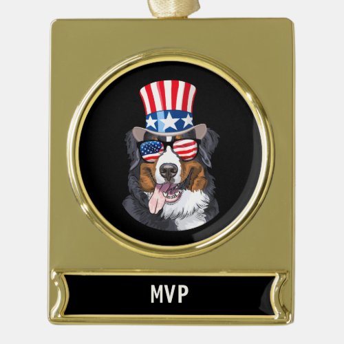 Bernese Mountain Dog USA Flag Hat 4th of July Gold Plated Banner Ornament