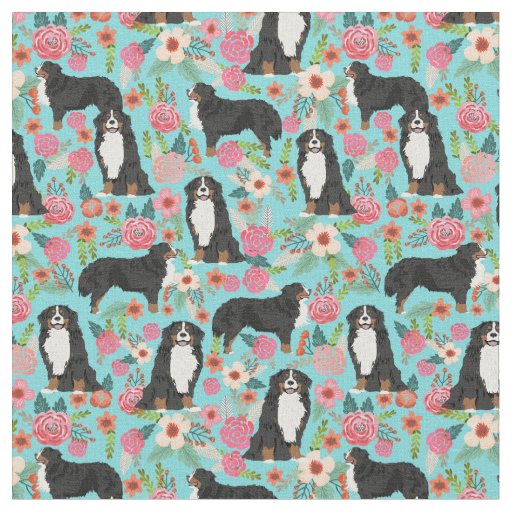 Bernese Mountain Dog vintage florals turquoise Fabric