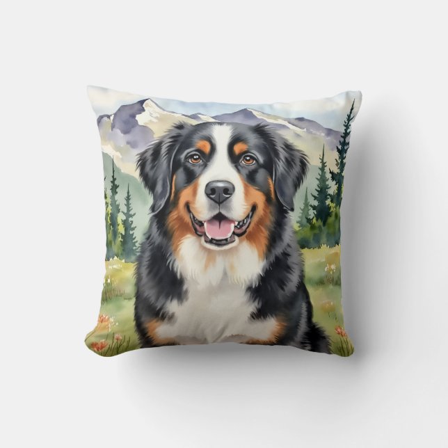 Bernese Mountain Dog Watercolor Alpine Art Throw Pillow (Front)