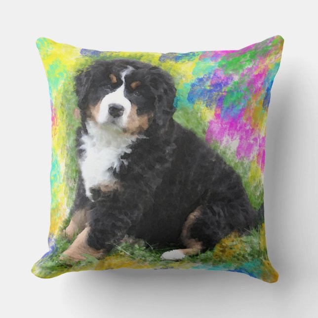 Bernese Mountain Dog Watercolor Art Painting Throw Pillow (Front)