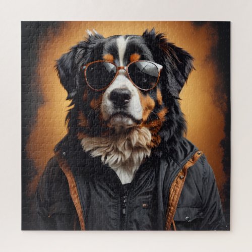 Bernese Mountain Dog Wearing Jacket And Sunglasses Jigsaw Puzzle