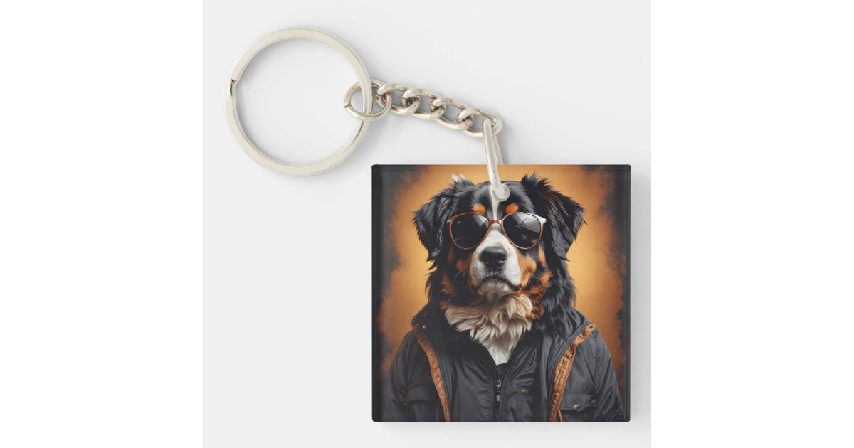 Bernese Mountain Dog Wearing Jacket And Sunglasses Keychain | Zazzle
