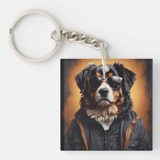Bernese Mountain Dog Wearing Jacket And Sunglasses Keychain (Front)