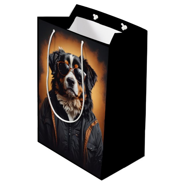 Bernese Mountain Dog Wearing Jacket And Sunglasses Medium Gift Bag (Back Angled)