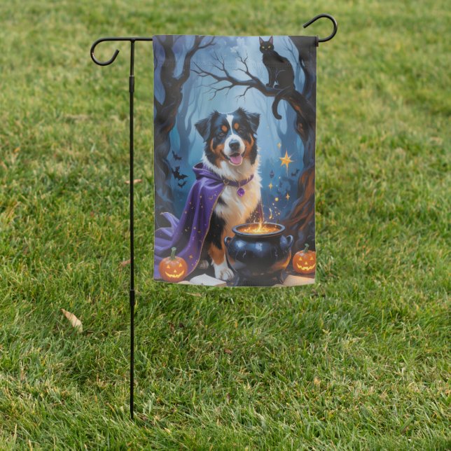 Bernese Mountain Dog Whimsical Halloween Painting Garden Flag (In SItu)