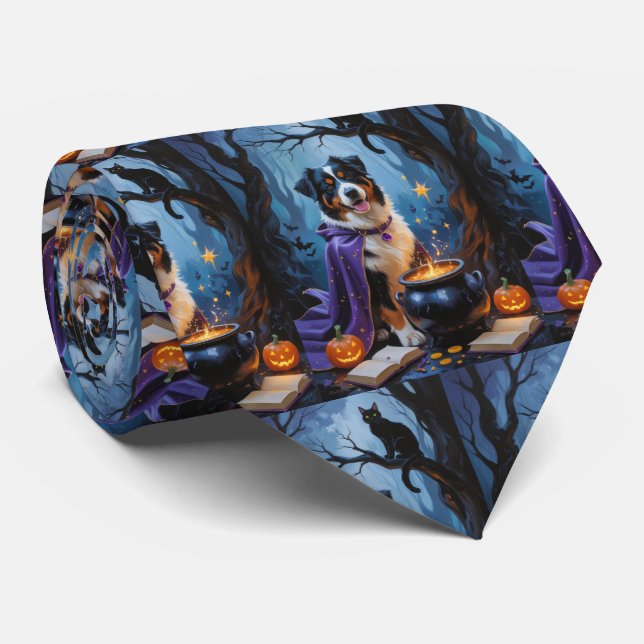 Bernese Mountain Dog Whimsical Halloween Painting Neck Tie (Rolled)