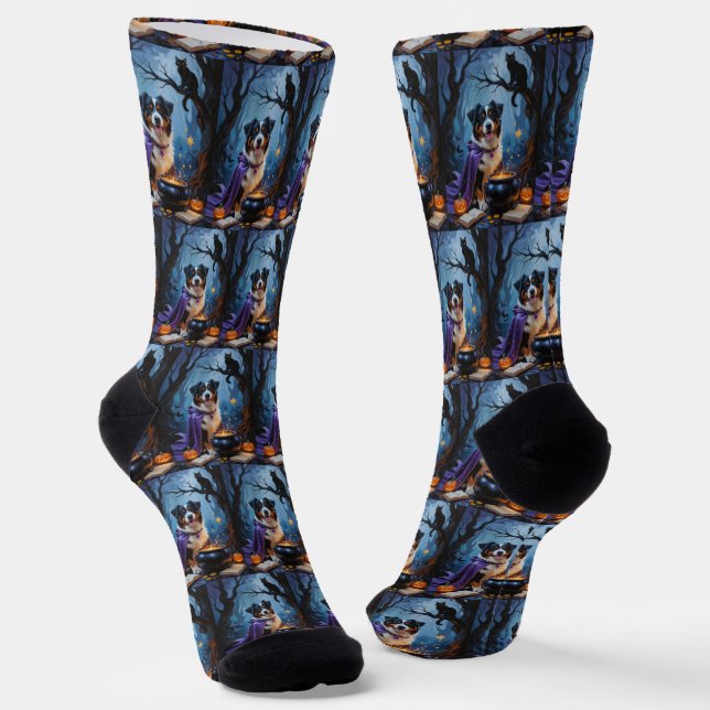 Bernese Mountain Dog Whimsical Halloween Painting Socks (Angled)