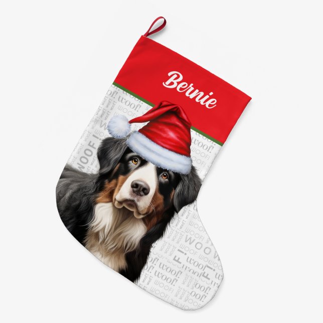 Bernese Mountain Dog with Dog's Name Large Christmas Stocking (Front (Hanging))