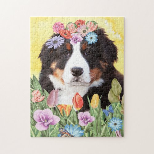 Bernese Mountain Dog with Flowers Spring Jigsaw Puzzle