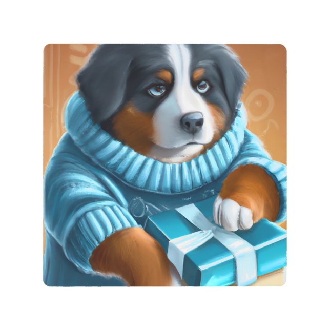Bernese Mountain Dog With Holiday Gift Metal Print (Front)