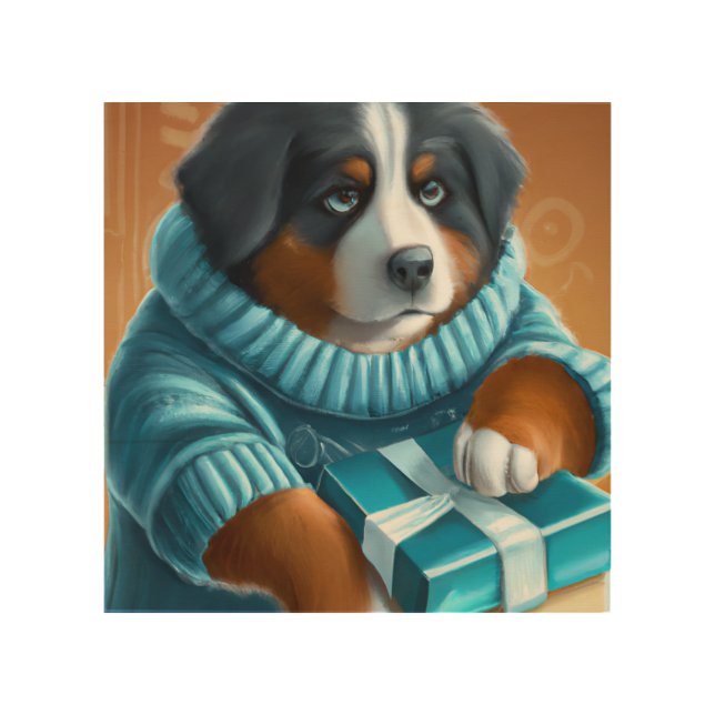 Bernese Mountain Dog With Holiday Gift Wood Wall Art (Front)