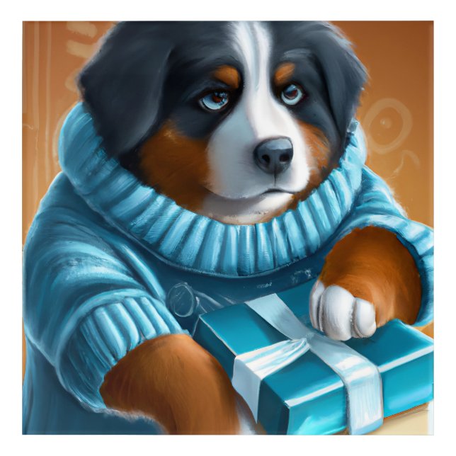 Bernese Mountain Dog With Holiday Present Acrylic Print (Front)