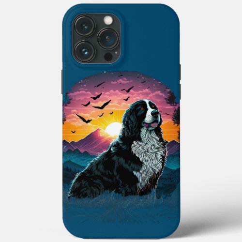 Bernese Mountain Dog with Mountain Sunrise view iPhone 13 Pro Max Case