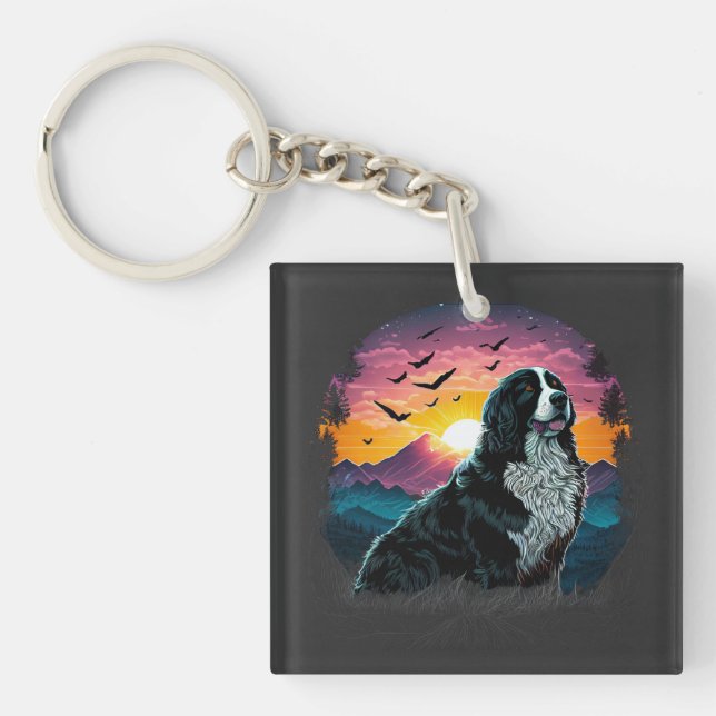 Bernese Mountain Dog with Mountain Sunrise view Keychain (Front)