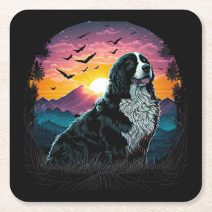 Bernese Mountain Dog with Mountain Sunrise view Square Paper Coaster