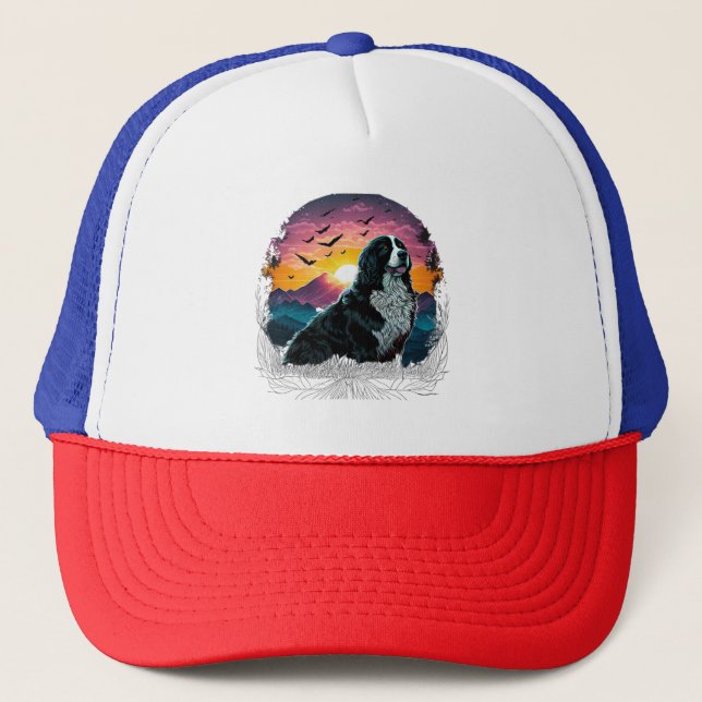 Bernese Mountain Dog with Mountain Sunrise view Trucker Hat (Front)