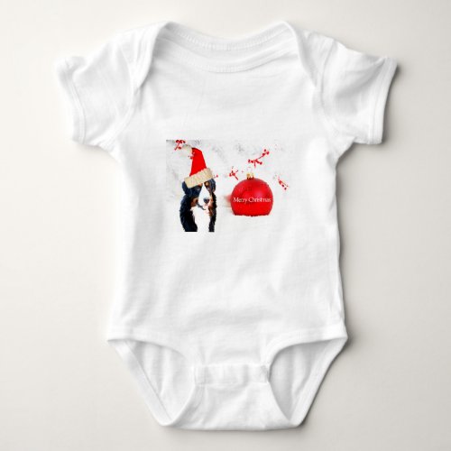 Bernese Mountain Dog with red Christmas Ornament Baby Bodysuit