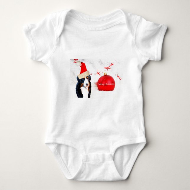 Bernese Mountain Dog with red Christmas Ornament Baby Bodysuit (Front)