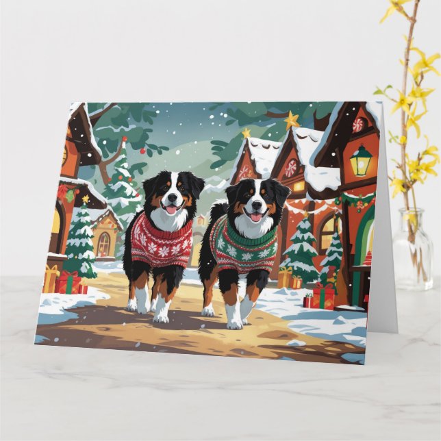 Bernese Mountain Dogs Christmas Snow Holiday Card (Yellow Flower)