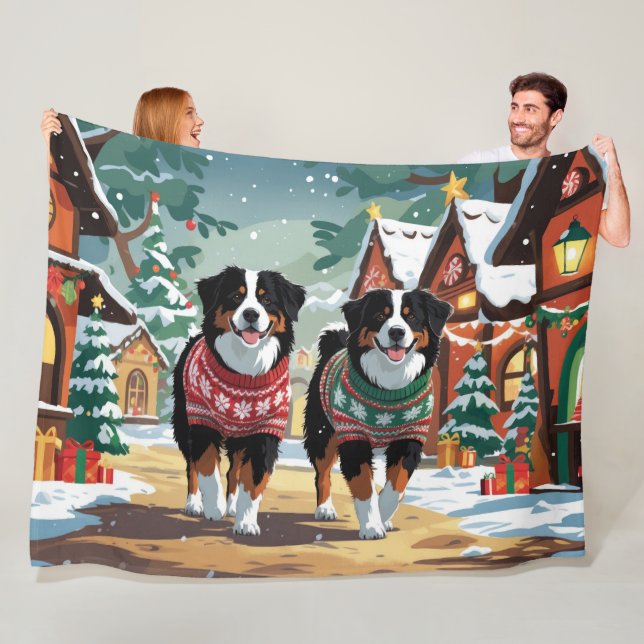 Bernese Mountain Dogs Christmas Snow Holiday Fleece Blanket (In Situ)
