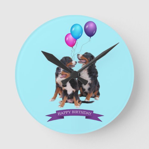 Bernese Mountain Dogs Happy Birthday Round Clock